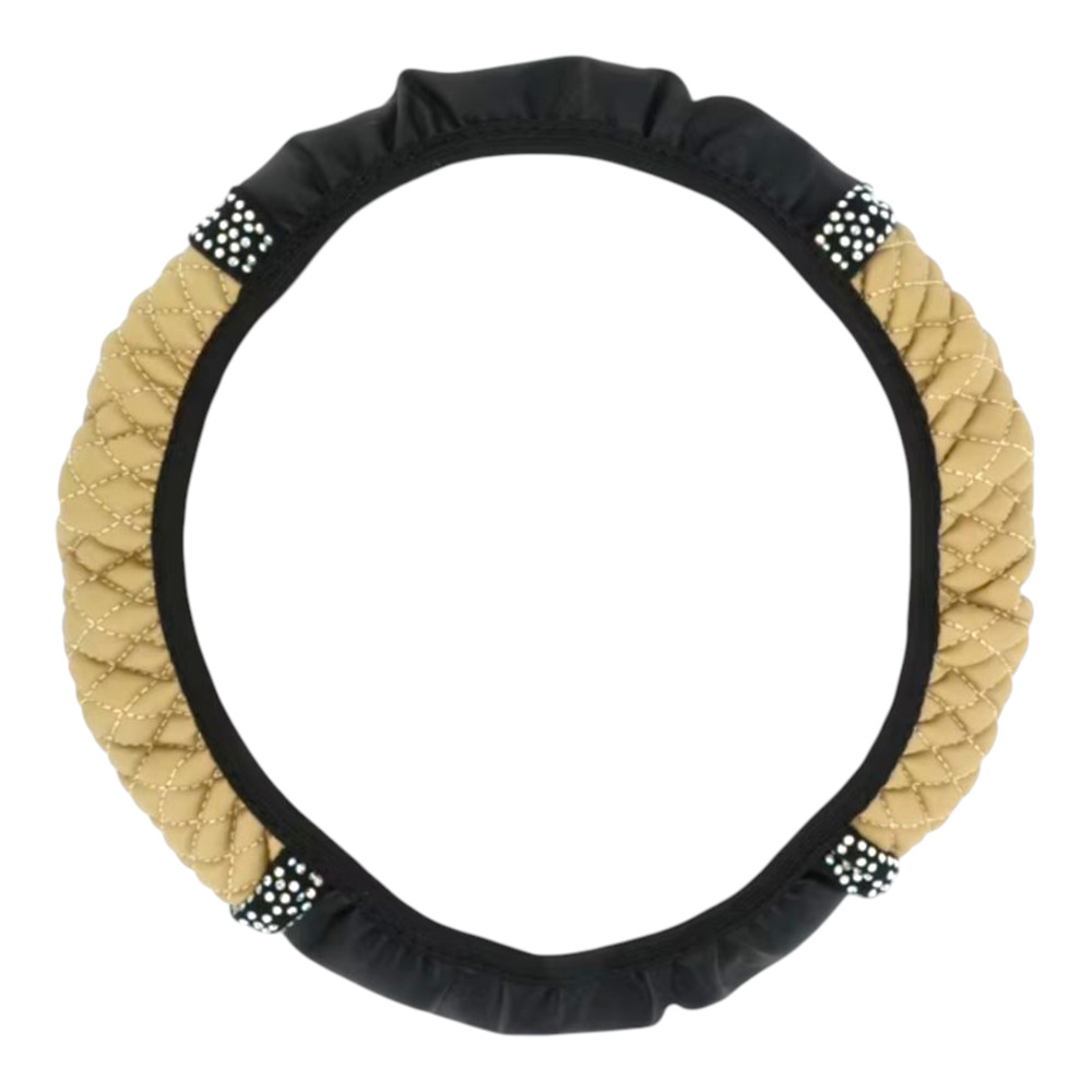 Black & Beige Faux Leather Bling Rhinestone Steering‎ Wheel Cover 14.6"-15" New